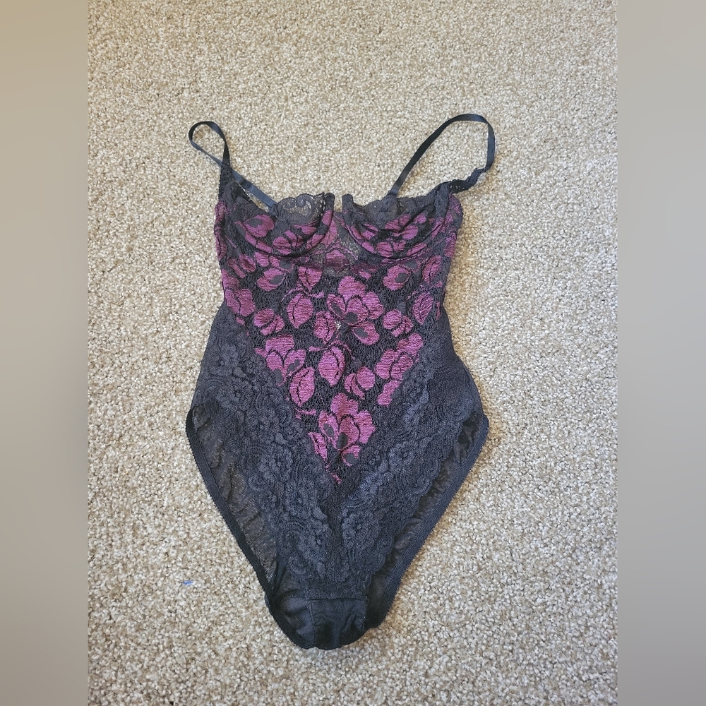 Vintage Victoria’s Secret Gold Label Union Made Black Purple Lace Teddy USA M